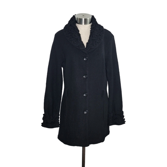 Cynthia Rowley Women's Black Ruffle Collar Boiled Wool Button-Up Coat Size S - Picture 1 of 12